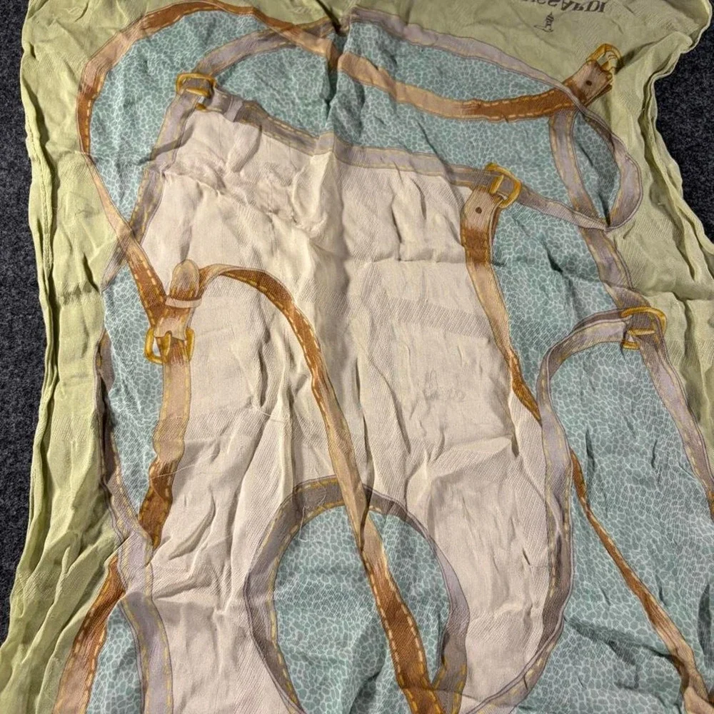 Trussardi Vintage Belt Print Silk Square Scarf Green Italian Luxury Accessory
